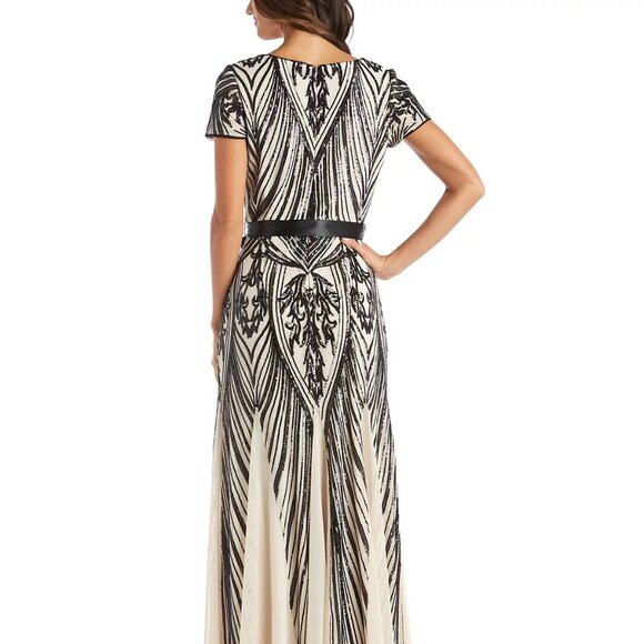 R & M Richards Sequined Belted Dress Champagne/Black Size 18 - Picture 2 of 4